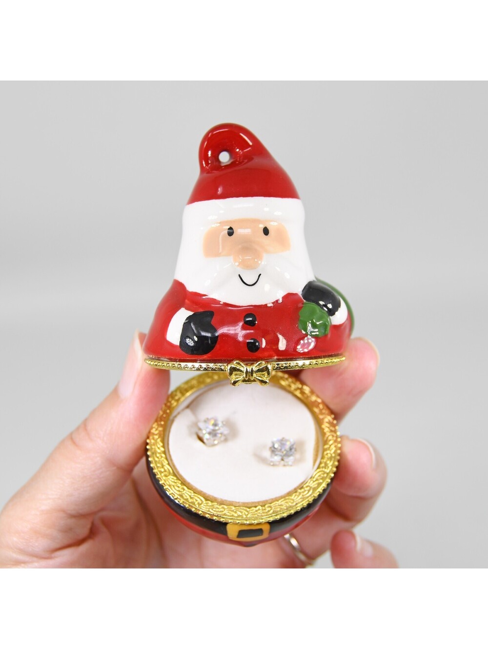 Vintage Santa Christmas Trinket Box Ceramic Porcelain Hinged w/ CZ Stud Earrings